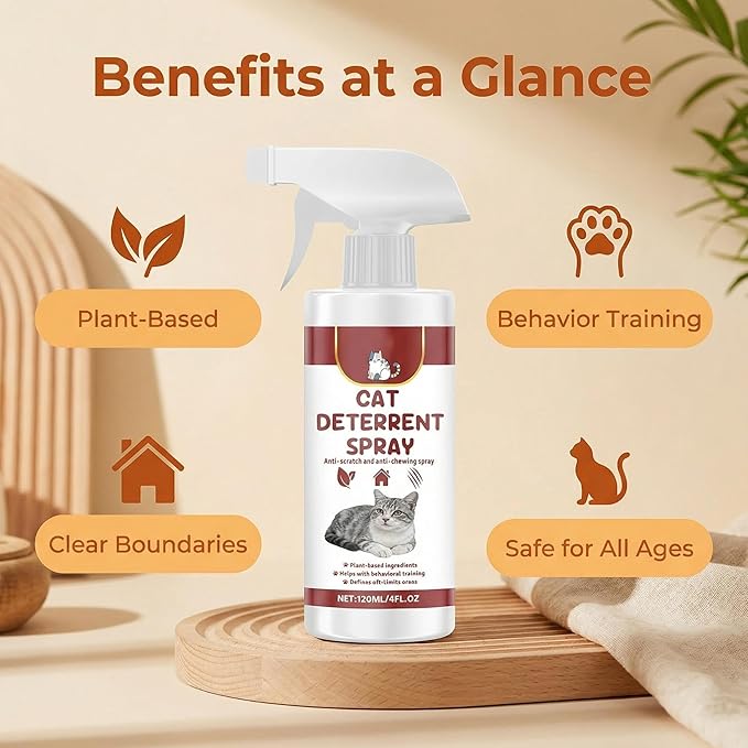Cat Deterrent Spray, Indoor & Outdoor Pet Training Aid, Cat Scratch & Urine Marking Deterrent for Furniture Protection, Plant-Based Safe Formula for All Cat Ages (4 Fl Oz/120ml)