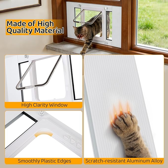 Cat Door for Window, Adjustable Width Fits 23"-28", Quick-Fit Cat Door Window Insert, Aluminum Frame with Tight Seal & Magnetic Closure, 4 Locking Modes for Pet Access Control