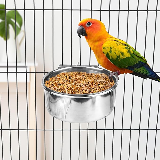 Hypeety Pet Bird Food Feeding and Drinking Hanging Cup Clamp Holder Stainless Steel Hanging Bowl for Parrot Macaw African Greys Budgies Parakeet Cockatiels Conure Lovebirds Finch Pigeon Cage