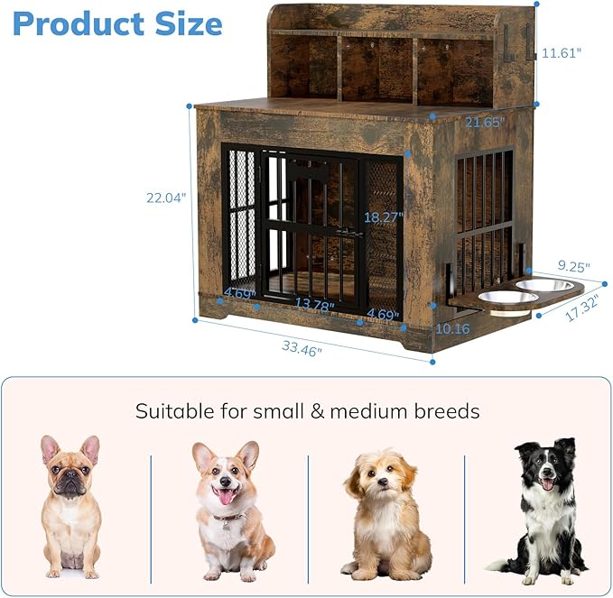 Petrova 33" Dog Crate Furniture for 1 Dogs, Heavy Duty Indoor Dog Kennel for Small/Medium Dogs, Wooden Dog Cage with 2 Stainless Steel Bowls, 4 Hooks, LED Light, Brown