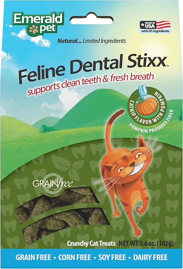Emerald Pet Feline Dental Stixx — Tasty and Crunchy Cat Sticks with Pumpkin for Digestive Health — Natural Grain Free Treats for Clean Cat Teeth and Fresh Breath — Catnip, 3.6 oz