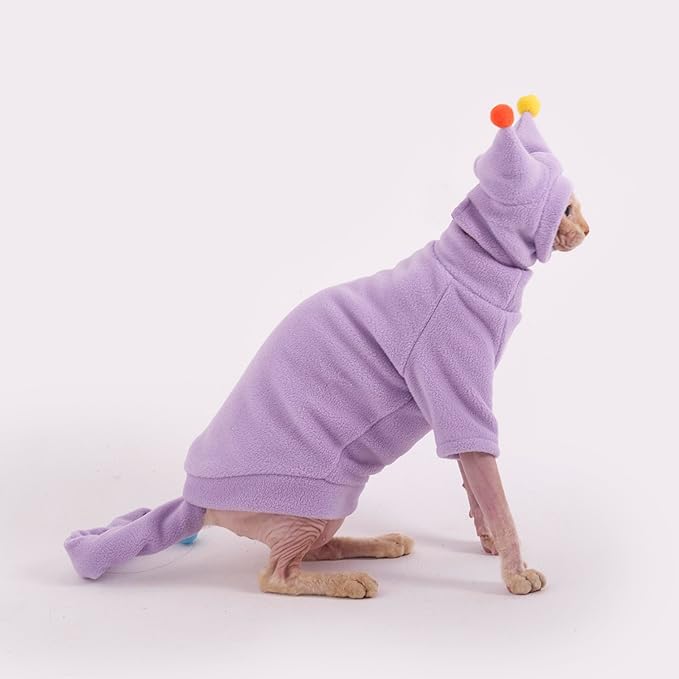 Sphynx Cat Clothes, Warm Cat Jumpsuit with Hat and Tail Cover, Full Set for Hairless Cats, Cornish Rex and Devon Rex (Purple, M(4.5-5.5lbs))