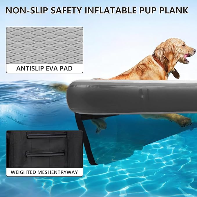 Inflatable Dog Water Ramp, Non-Slip Floating Dock Ladder for Pools, Boats & Lakes, Pool Ramp for Dogs Up to 200 Pounds, Black
