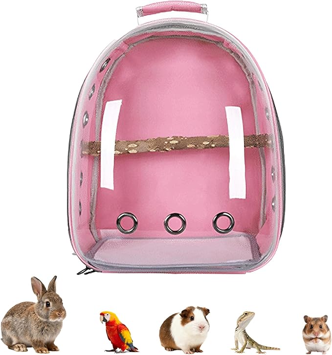 Transparent Parrot Backpack,12 Holes Ventilate Space Capsule Carrier,Stick Wooden Standing Perch,Portable Double Shoulder Outdoor Pet Backpack Carrier for Birds and Pets (Pink,with Stick)