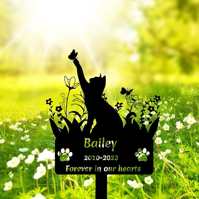 Personalized Cat Grave Marker for Cemetery, Custom Pet Cat Memorial Garden Stake Metal Grave Plaque Cat Memorial Gifts, Customized Flowers Butterfly Cat Memorial Stake Grave Marker with Paw