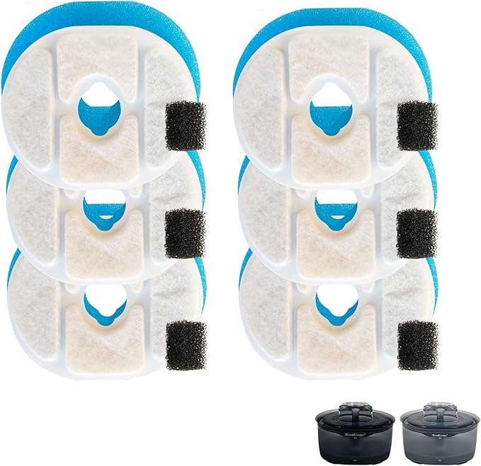 6 Pack Replacement Filters for 0.9gal/115oz/3.4L Cat Water Fountain Multi-layer Filtration Including a Sponge Layer Ion Exchange Resin Layer and Activated Carbon Layer