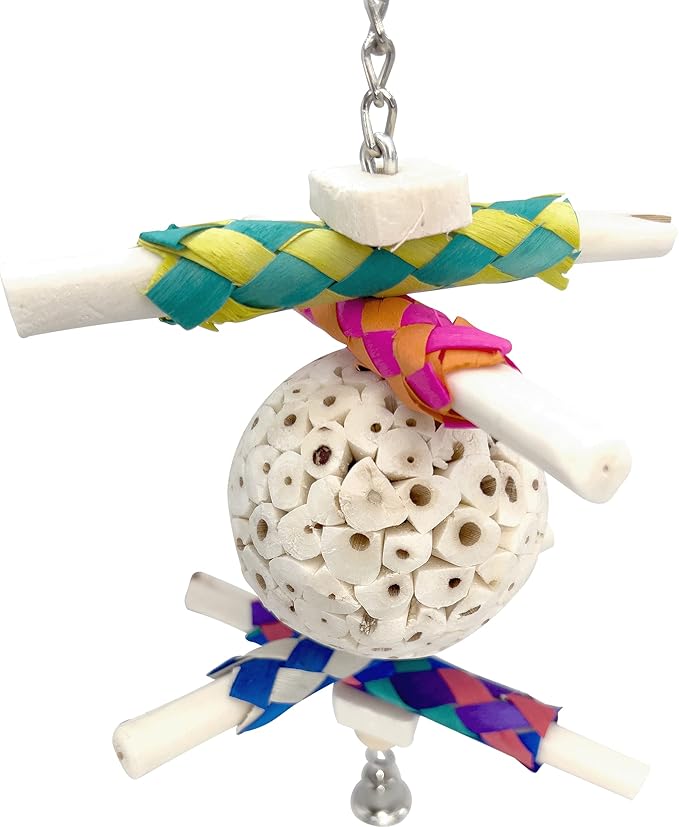 1115 Sola Stickler - Handcrafted Chewable Hanging Bird Toy, Natural Sola Wood Logs, Colorful Bamboo Finger Traps, Handmade Sola Wood Ball, Foraging Fun for Small Size Birds