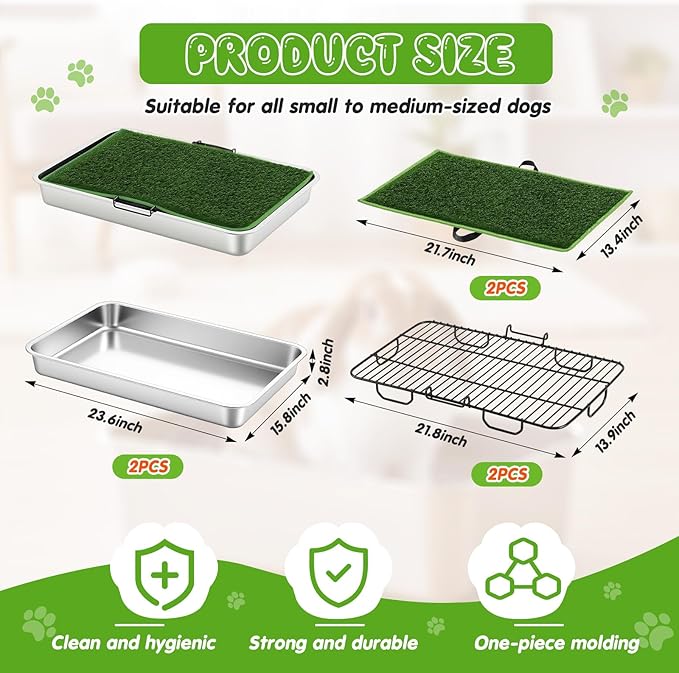 Shimeyao 2 Sets 3-layer Stainless Steel Dog Potty Tray with Artificial Grass Pad, Support Grid & Removable Stainless Steel Tray, 23.6" x 15.8" Portable & Reusable Dog Litter Box for Indoor Outdoor Use