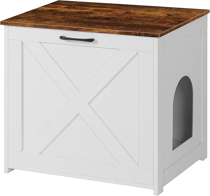 Dwanton Cat Litter Box Furniture Hidden, Cat Litter Box Enclosure, Reversible Entrance Can Be on Left or Right Side, Indoor Cabinet, Wooden Washroom, End Table, White and Rustic Brown, 23.6" L
