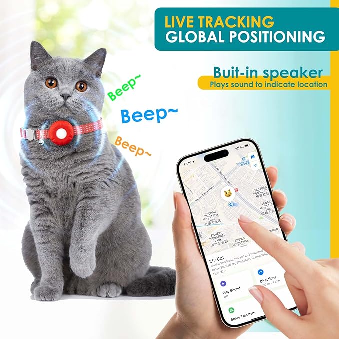 GPS Tracker for Cats, Cat Tracker, Cat GPS Tracker Compatible with Apple Find My App (Only iOS), No Monthly Fee or Subscription (White Tracker, Red Cat Collar)