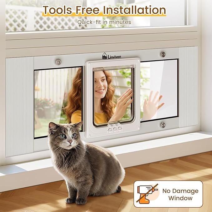 Cat Door for Window, Quick Installation Adjustable Width of 23"-28", Cat Window Door with 4 Locking Modes, Magnetic Closure Design, Weatherproof Aluminum Frame Cat Door Window Insert