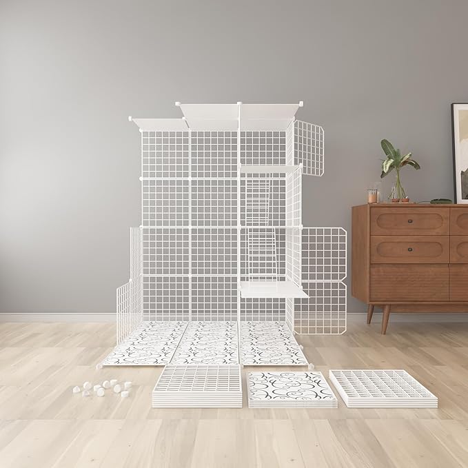 Indoor Cat Cage Enclosure DIY,Cat Playpen Catio Thick Metal Wire Kennels for 1-3 Cats Kitten Cage Detachable Patio Cat Crate (White, 41" L x 41" W x 55" H)