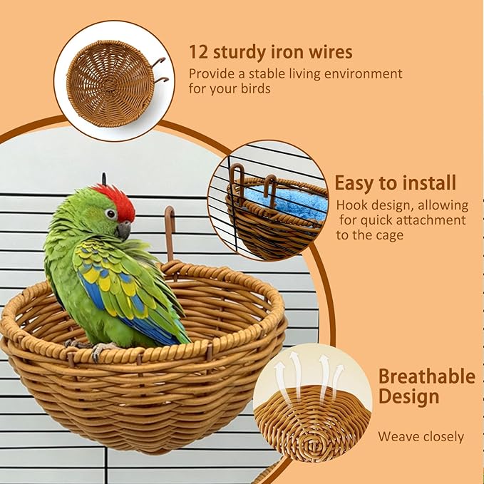 Rattan Bird Nest for Cage，2PCS Hanging Parrot Breeding Nesting House Washable Soft Warm Sleep Hut Bird Cage Accessories for Cockatiels Budgerigars Finches Canaries