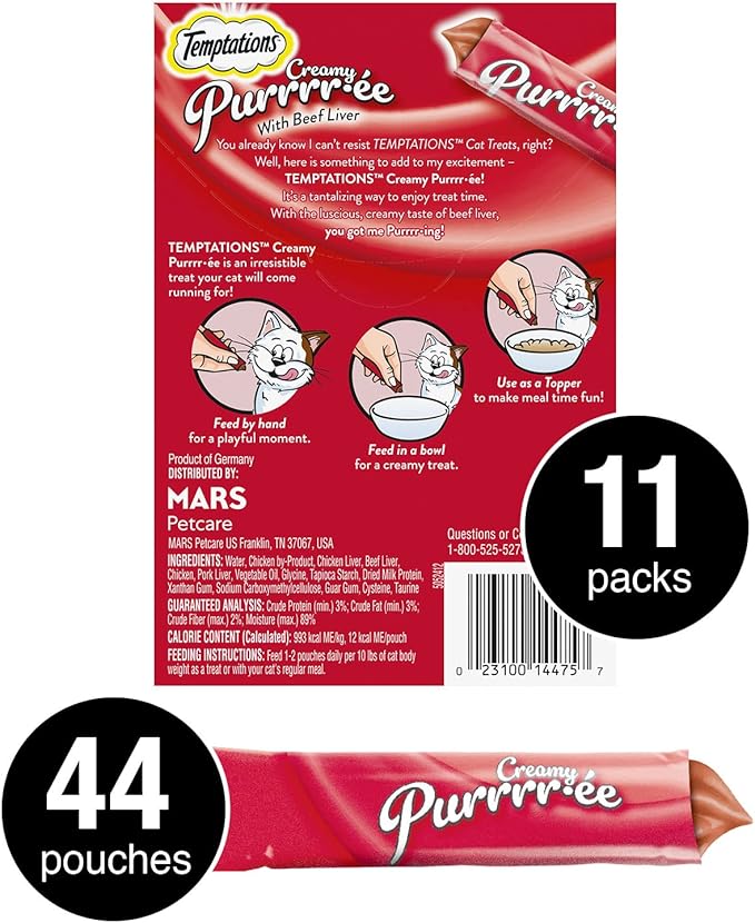 Temptations Creamy Puree Squeezable Lickable Cat Treats, Wet Cat Treats with Beef Liver, 0.42 oz. Tubes, 4 Count, Pack of 11 (44 Total)