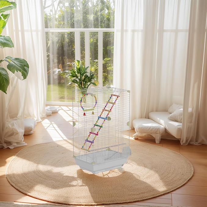 Pet Paradise Bird Cage, 14.6 x 11 x 24.8 inches, Metal Wire Construction, Multiple Perches and Feeders, for Parakeets, Canaries, Finches (White)