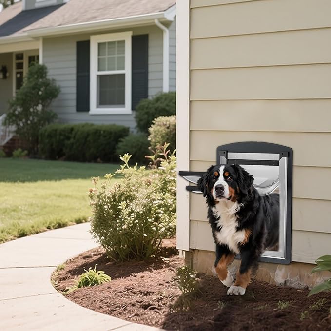 FreeStanding Dog Door for Wall, Extra Large Dog Door with Steel Frame and Telescoping Tunnel, Double Magnetic Flaps and Two Sliding Lock Panels, Easy to Install, Up to 220LBS, Gray