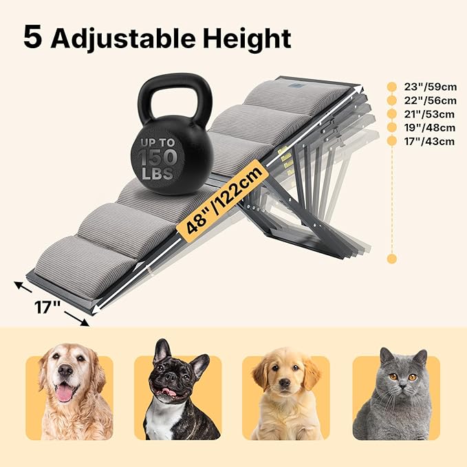 Veehoo Dog Ramp for Bed Couch Height Adjustable from 17" to 23", Foldable Stairs for Dogs to Get on Bed 17" Extra Wide, Portable Pet Doggie Steps Indoor with Non Slip Pad, Support up to 150 lbs