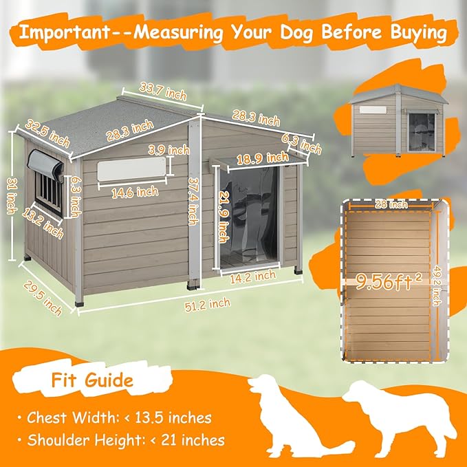 55"L Dog House Outdoor for Large Breed, XL Extra Dog House with Window Weatherproof Pet Shelter with Openable Asphalt Roof, Anti-Chewing Frame, Removable Floor,10 Support Feet for Medium to Large Dogs