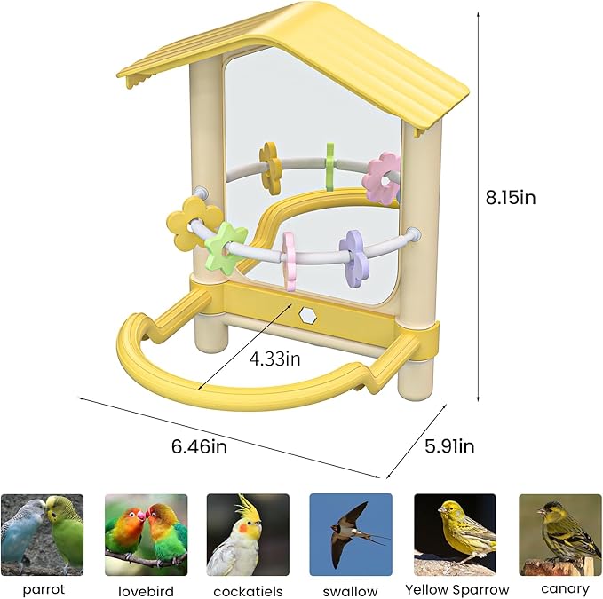 8.1 Inch Pet Bird Mirror with Perch Stand and Parakeet Chew Toys,Parrot Toys Bird Cage Decorative Accessory, Helps Birds Release Stress for Canaries Budgies Lovebirds Conures Cockatiels (Brown)