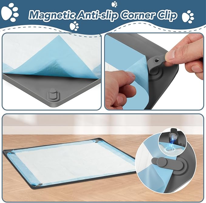 Pee Pad Holder for Dogs, 24" x 24" Non-Slip Silicone Puppy Pee Tray Mat with 4 Magnetic Clips, Reusable, No Spill Raised Lip High Edge, Leak-Proof Puppy Toilet Training Pad for Indoor Floor Protection