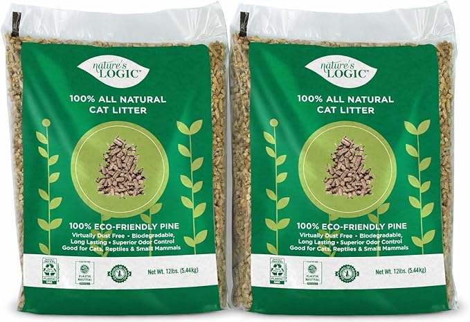 Nature's Logic 100% Natural Pine Pellet Cat Litter - 100% Ponderosa Pine, Dust-Free, Unscented, Biodegradable - Safe for Cats, Kittens, Reptiles & Small Pets - Highly Absorbent - 24lb (2, 12lb)