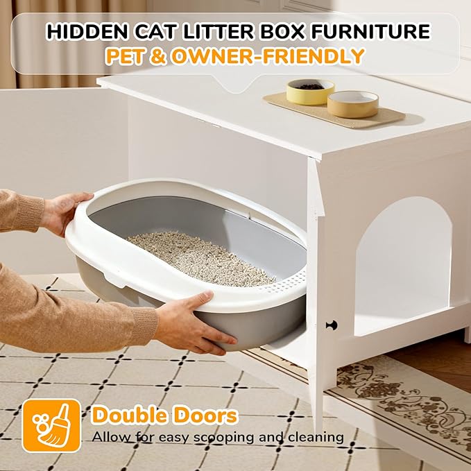 Cat Litter Box Enclosure Furniture Dog Proof, Hidden Kitty Washroom Cabinet Low Entry, Wooden Cat Boxes Enclosure Odor Control for Home, Farmhouse Style Decorative TV Stand with Storage, White