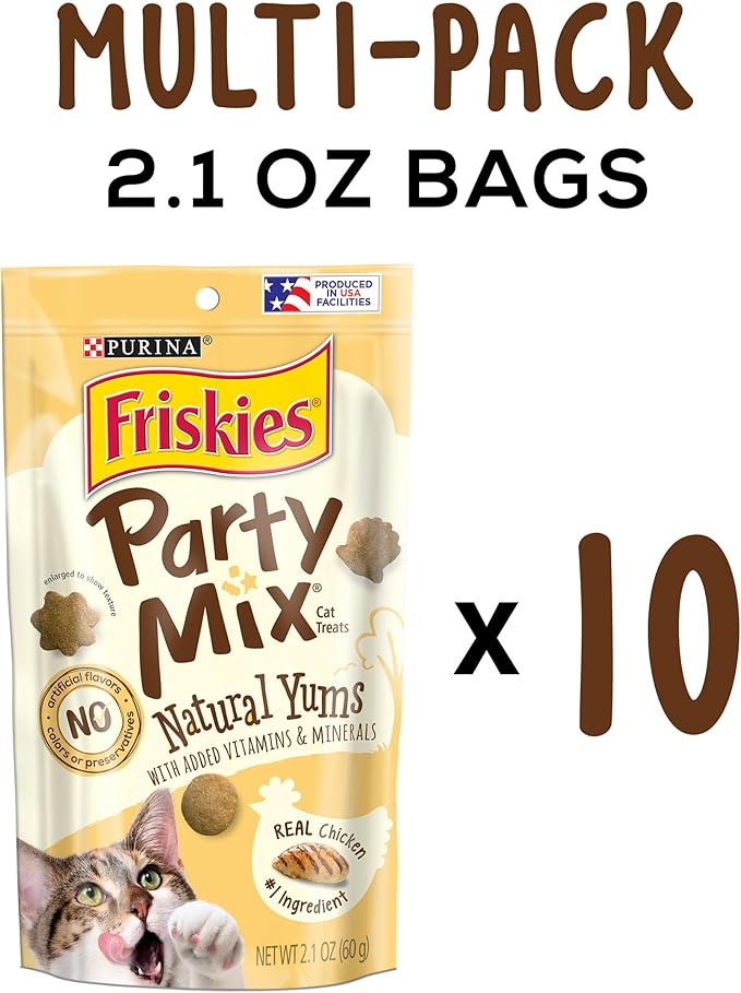 Purina Friskies Natural Cat Treats, Party Mix Natural Yums With Real Chicken & Vitamins, Minerals & Nutrients - (Pack of 10) 2.1 oz. Pouches