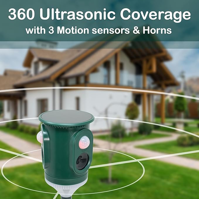 360° Solar Ultrasonic Animal Repellent Outdoor Motion Activated Pest Deterrent with Strobe Light, Waterproof Garden Protection for Cats, Dogs, Squirrels, Raccoons,Skunks, Rabbits, Coyotes