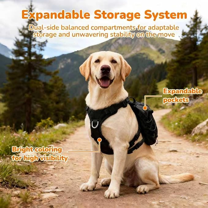 Small Dog Harness Backpack, No Pull Adjustable Dog Vest with Handle & Leash Ring, Lightweight Dog Backpack with Side Pockets for Walking, Training & Day Hikes, Black, S