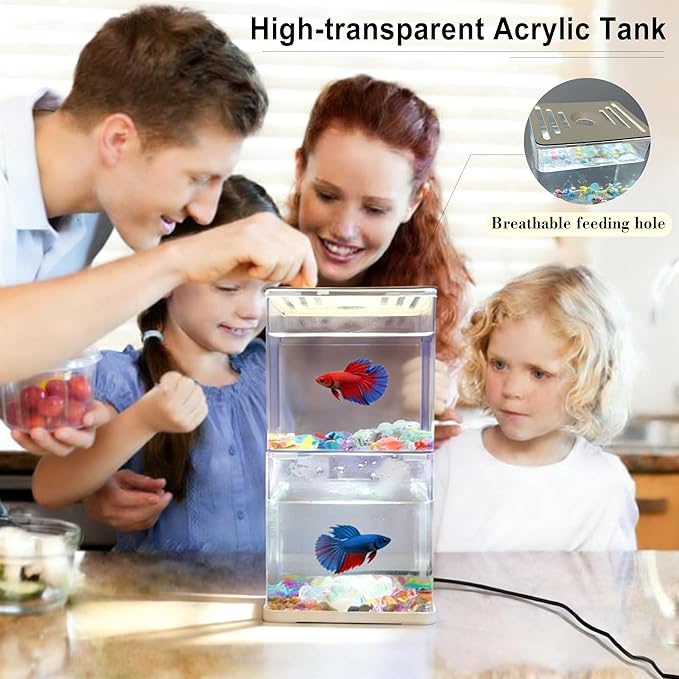 Small Betta Fish Tank, 2-Pack 0.3 Gallon Mini Aquarium with Adjustable Base Light & Gravels & Resin Crystal, Acrylic Fish Bowl for Desk Homes or Offices, Ideal for Beta Fish,Goldfish (White -2 Pack)