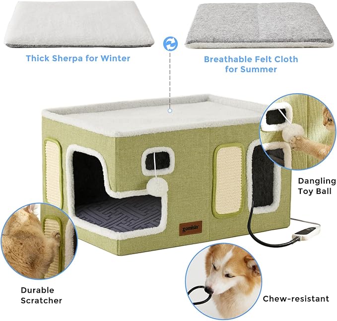 Heated Cat House for Indoor Cats - Large Cat Warming Bed for Winter with Fluffy Ball Hanging and Adjustable Heating Pad, Foldable Cat Hideaway,23x16.5x13 inches, Green