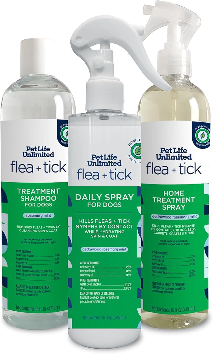 Pet Life Unlimited Natural Flea & Tick 3-Step Kit for Dogs, Plant-Based Prevention and Treatment, Includes Dog Spray, Home Spray & Shampoo, Kill & Repel Fleas, Ticks & Eggs, Soothes Skin