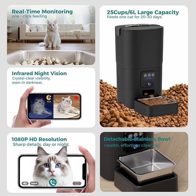 PAPIFEED Automatic Cat Feeder with Camera, 6L Smart WiFi Cat Food Dispenser for Dry Food, Scheduled Feeding You Can Rely On, 1080P HD Monitoring, App Control, Dual Power Backup