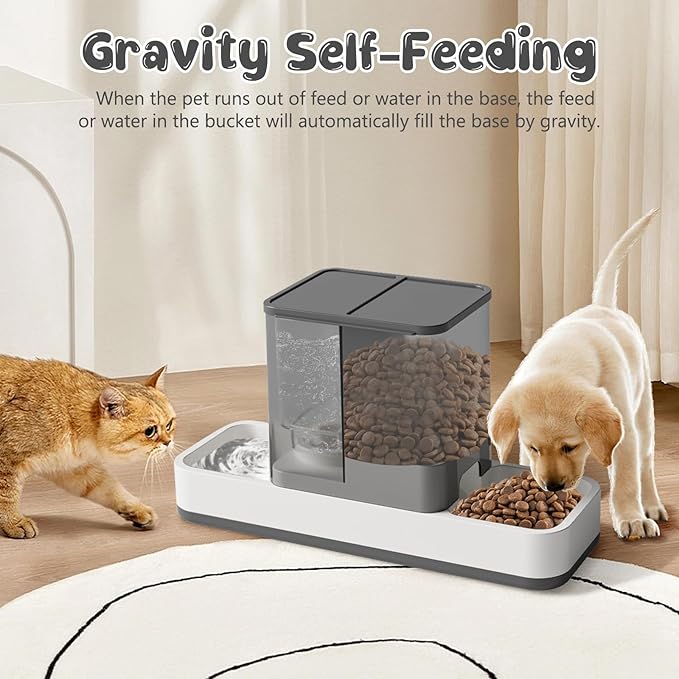 Automatic Cat Feeder and Water Dispenser, 2 in 1 Gravity Pet Food Feeder and Water Dispenser Detachable Cat Food Dispenser for Small Dogs and Cats, Gray