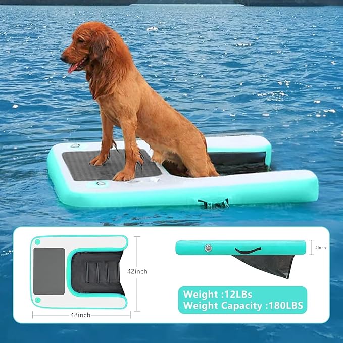 Inflatable Dock Platform for Dog, Large Dog Float Floating Ladder Up to 200 lbs Dogs Water Ramp, Non-Slip PVC with Boat Ramp for Pool, Dock, & Lake