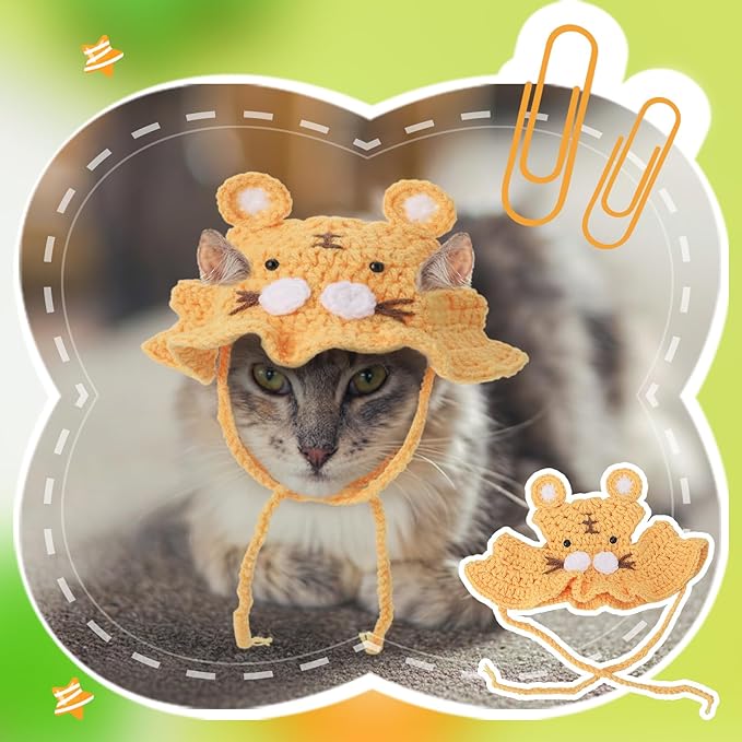 5 Pack Cute Knitted Cat Hats Dog Hats – Frog Strawberry Pink Flower Tiger Rabbit Funny Hat for Cats Dogs Small Pets Birthday Costume Accessories