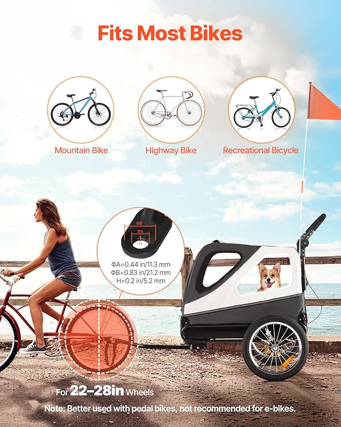 VEVOR Dog Bike Trailer, Supports up to 66/88/100 lbs, 2-in-1 Pet Stroller Cart Bicycle Carrier, Easy Folding Cart Frame with Quick Release Wheels, Universal Bicycle Coupler, Reflectors, Flag