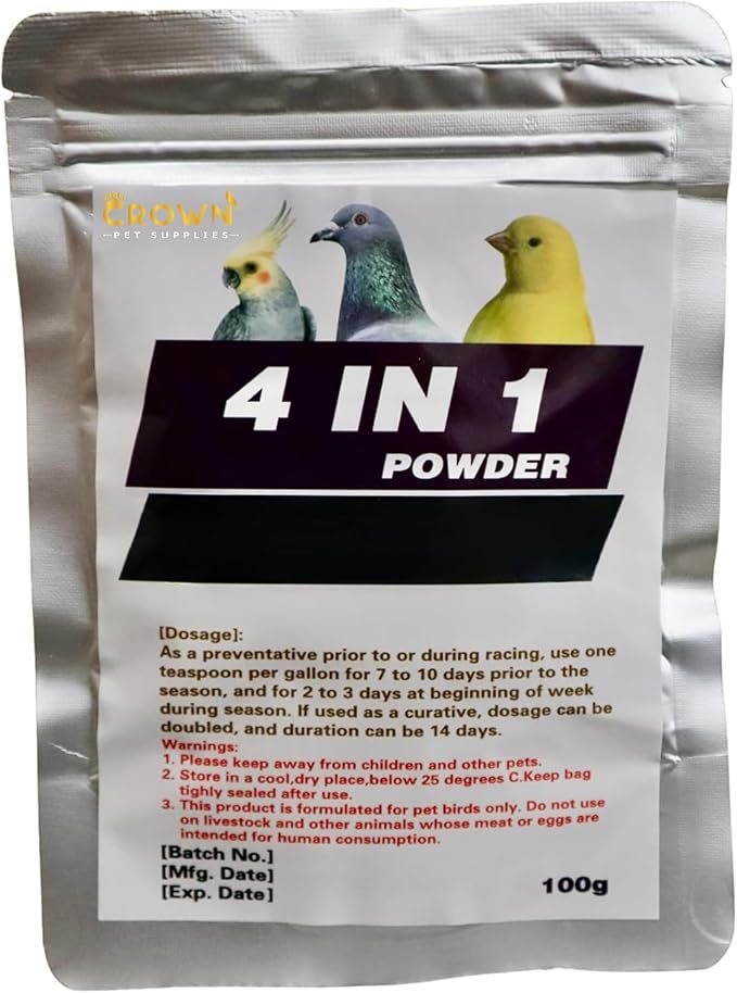 4 in 1 Powder Medicine for Pigeons, Canary, Finches, Parakeet, Cockatiels, Parrots, Cage Small Birds, & Aviary Birds