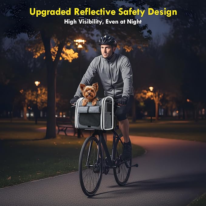 Dog Front Bike Basket 4-in-1 Pet Carrier Backpack & Car Seat, 22lbs Load, Stable L-Shaped Mount for E-Bikes (Display <3.15"), Reflective Waterproof Folding Bicycle Bag for Small Medium Dogs