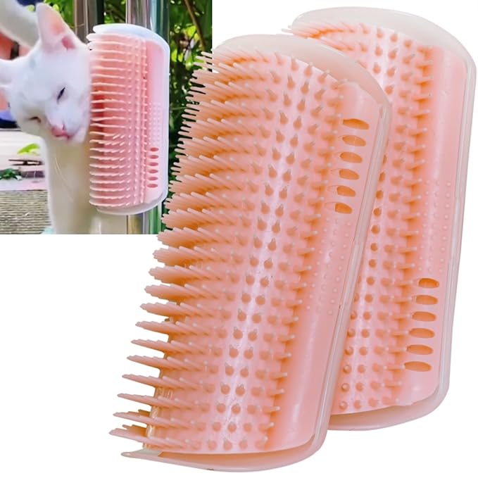 Cat Self Groomer, Extended (6.1"), 2 Pack, Pink, Wall Corner Self Grooming Brush for Indoor Cats, Kitten, Long Short Fur, Massage Comb