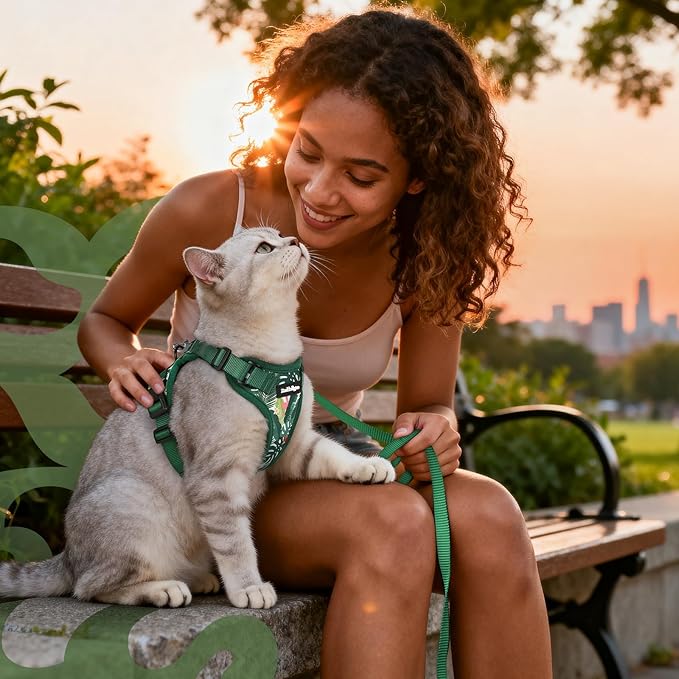 rabbitgoo Cat Harness and Leash for Walking, Escape Proof Soft Adjustable Vest Harnesses for Cats, Easy Control Breathable Reflective Strips Jacket,Rainforest Green,M