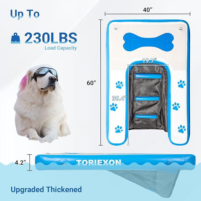 Inflatable Dog Boat Ramp 60"x40", Upgraded Pool Ramp for Dogs, Supports Up to 230 lbs, Stable & Durable Non-Slip Surface, Ideal for Pools, Lakes & Beaches