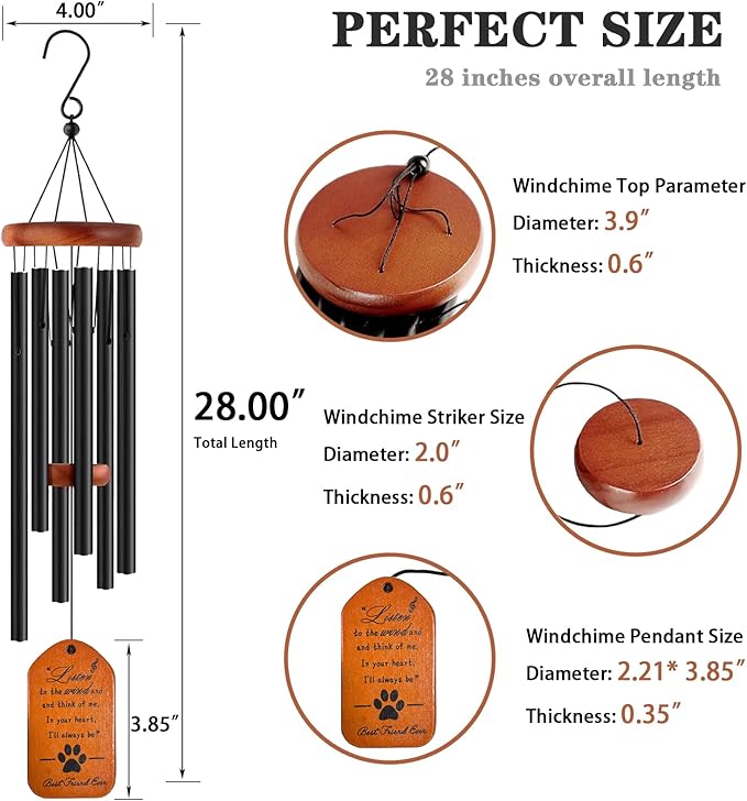 Dog Memorial Gifts, 28" Black Tombstone Dog Sympathy Wind Chime, Pet Memorial Pet Loss Remembrance Passing Away Gift