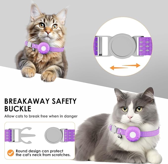 GPS Tracker for Cats, Cat Tracker, Cat GPS Tracker Compatible with Apple Find My App (Only iOS), No Monthly Fee or Subscription (White Tracker, Purple Cat Collar)