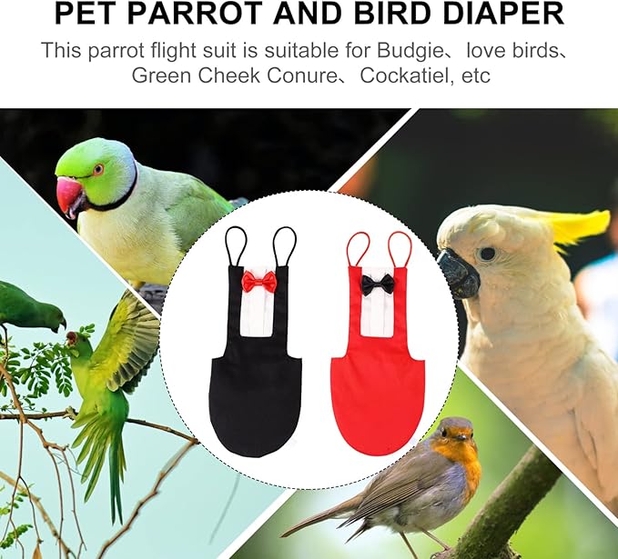 2 Pack Bird Diaper Parrot Flight Suit, Reusable Parrots Nappies with Bowtie Decor Pet Clothes for Budgie Parakeet Cockatiel Wedding Anniversary Christmas Birthday Party- Size XL
