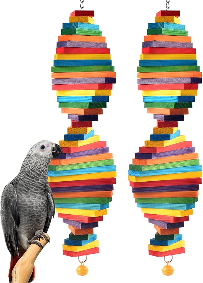 Bissap 2 PCS Bird Chew Toys, Multicolored Bagel Cascade Bird Parrot Chewing Sticks Biting Wooden Blocks Toy for Medium Amazon Cockatiels Cockatoos Macaws and Similar Sized Pet Birds