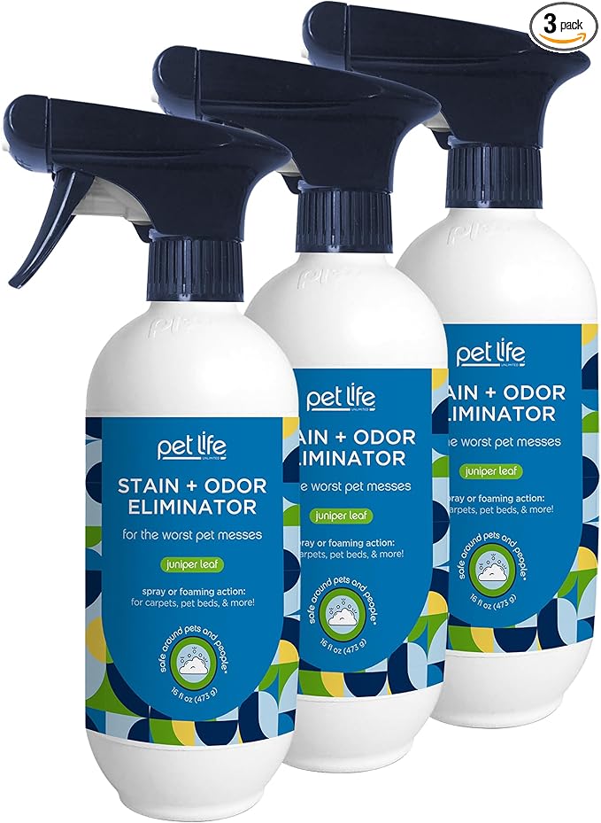 PET LIFE UNLIMITED SuperFoam Spray, Carpet and Surface Cleaner for Dog Urine, 16 oz, Strong Odor & Stain Remover, Plant-Based Formula, Natural Juniper Leaf Scent, Two-Way Spray, USA Made (Pack of 3)