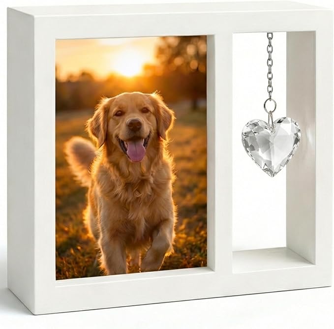 Dog Memorial Gift for Loss of Dog – 4x6 Wooden Photo Frame with Crystal Heart Suncatcher, Pet Memorial Picture Frame Keepsake