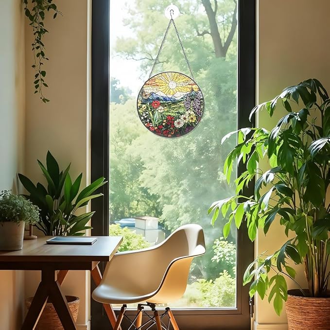 Mountain Wildflowers Stained Glass Suncatcher for Windows - Vibrant Sun Catchers Indoor Hanging Decor, Nature-Inspired Gift for Plant Lovers, Housewarming, New Home, Birthday or Holiday Celebration