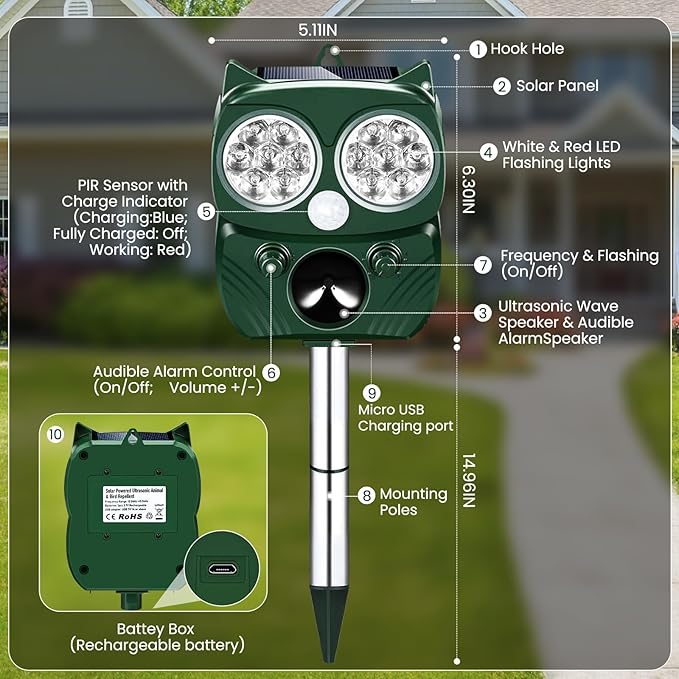 Cat Repellent Outdoor, Solar Ultrasonic Animal Repellent Outdoor with Motion Sensor Waterproof Cat Deterrent to Scare Cats Dog Deer Raccoon Skunk Squirrel
